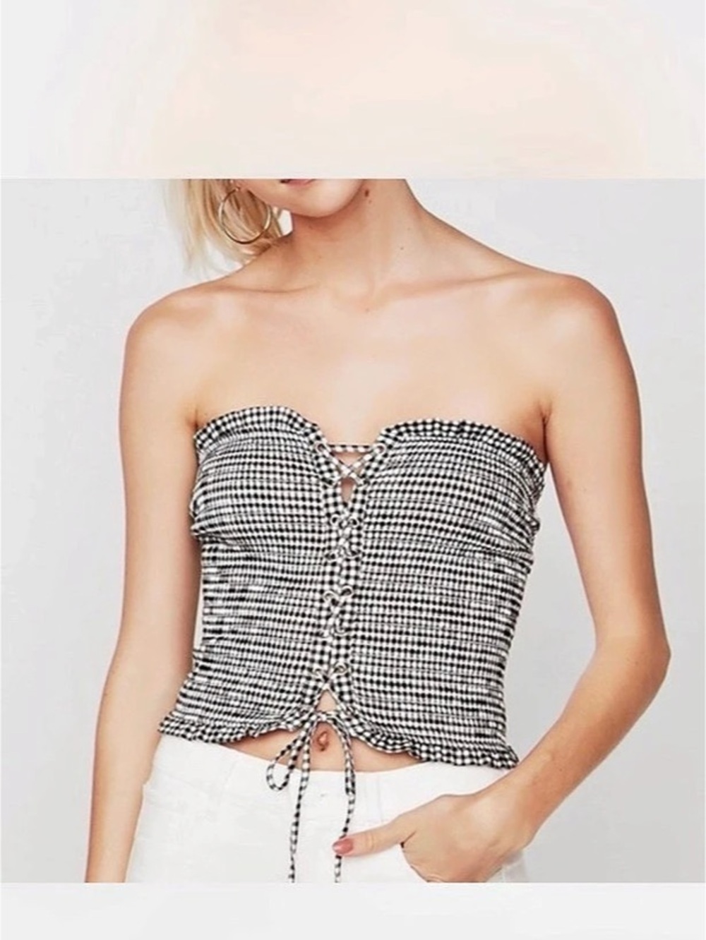 Gingham Strapless Lace Up Crop Top